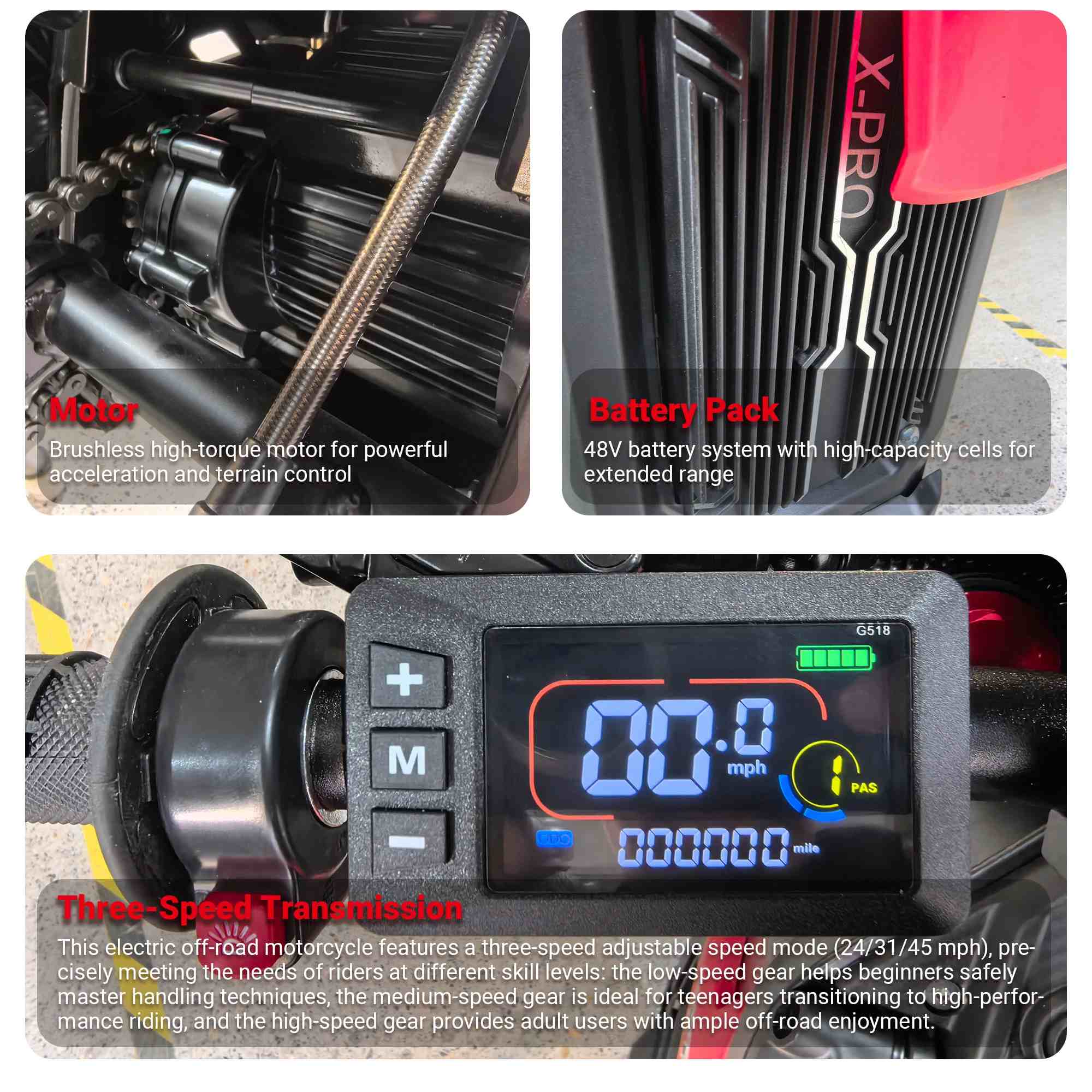 Free Shipping! X-PRO E-HAWK Electric Dirt Bike — 3500W Peak Mid-Drive Gearbox, 48V 23.5Ah, Up to 42+ MPH - Image 4