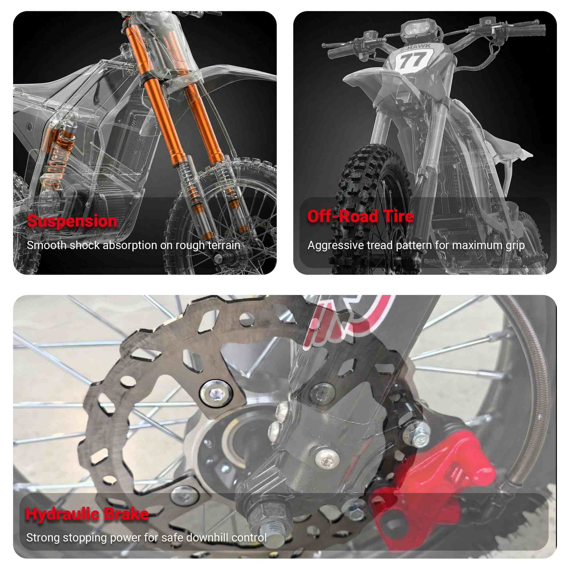 Free Shipping! X-PRO E-HAWK Electric Dirt Bike — 3500W Peak Mid-Drive Gearbox, 48V 23.5Ah, Up to 42+ MPH - Image 5