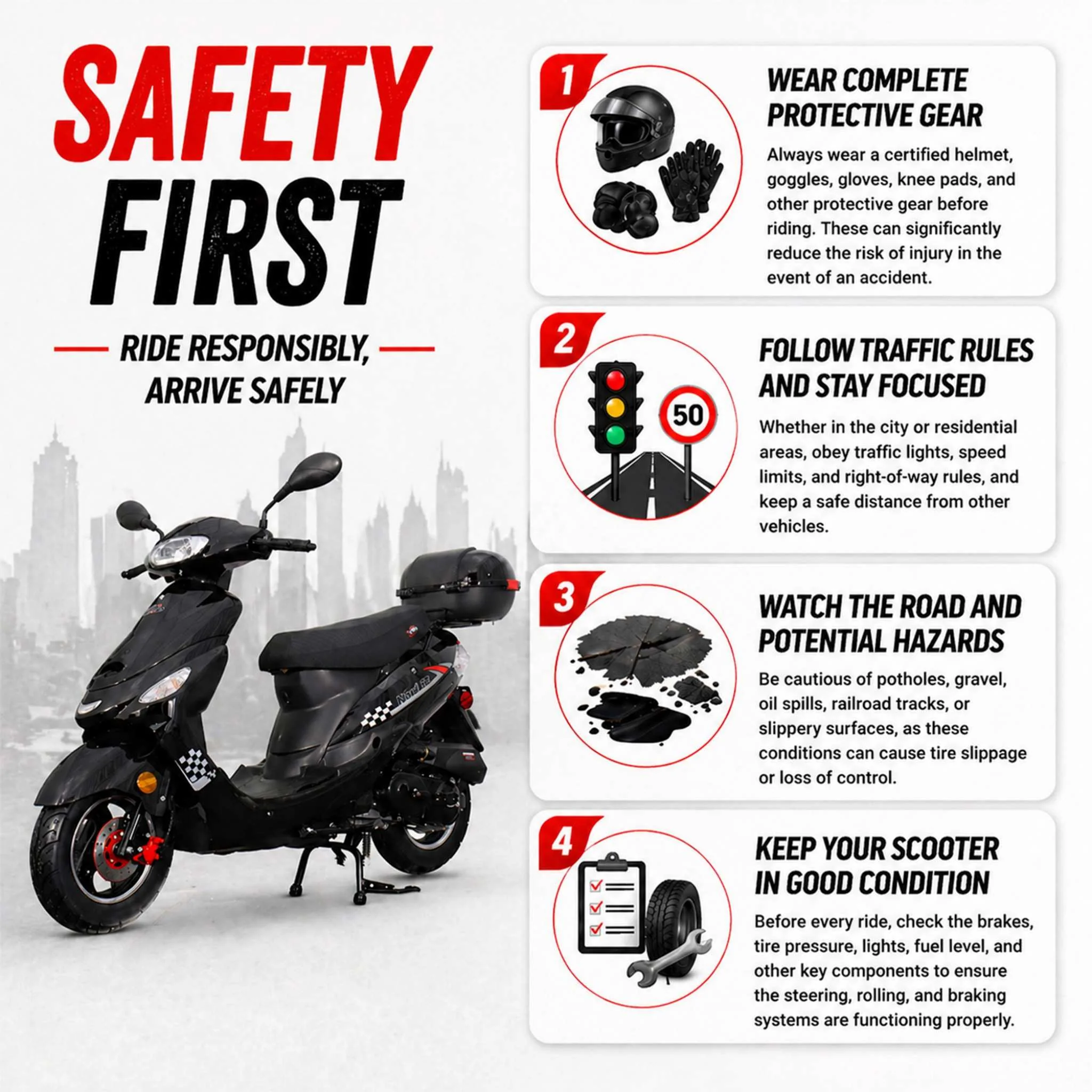 Free Shipping! X-PRO Maui 50cc Moped Scooter with 10" Aluminum Wheels, Rear Trunk, Electric/Kick Start! - Image 11
