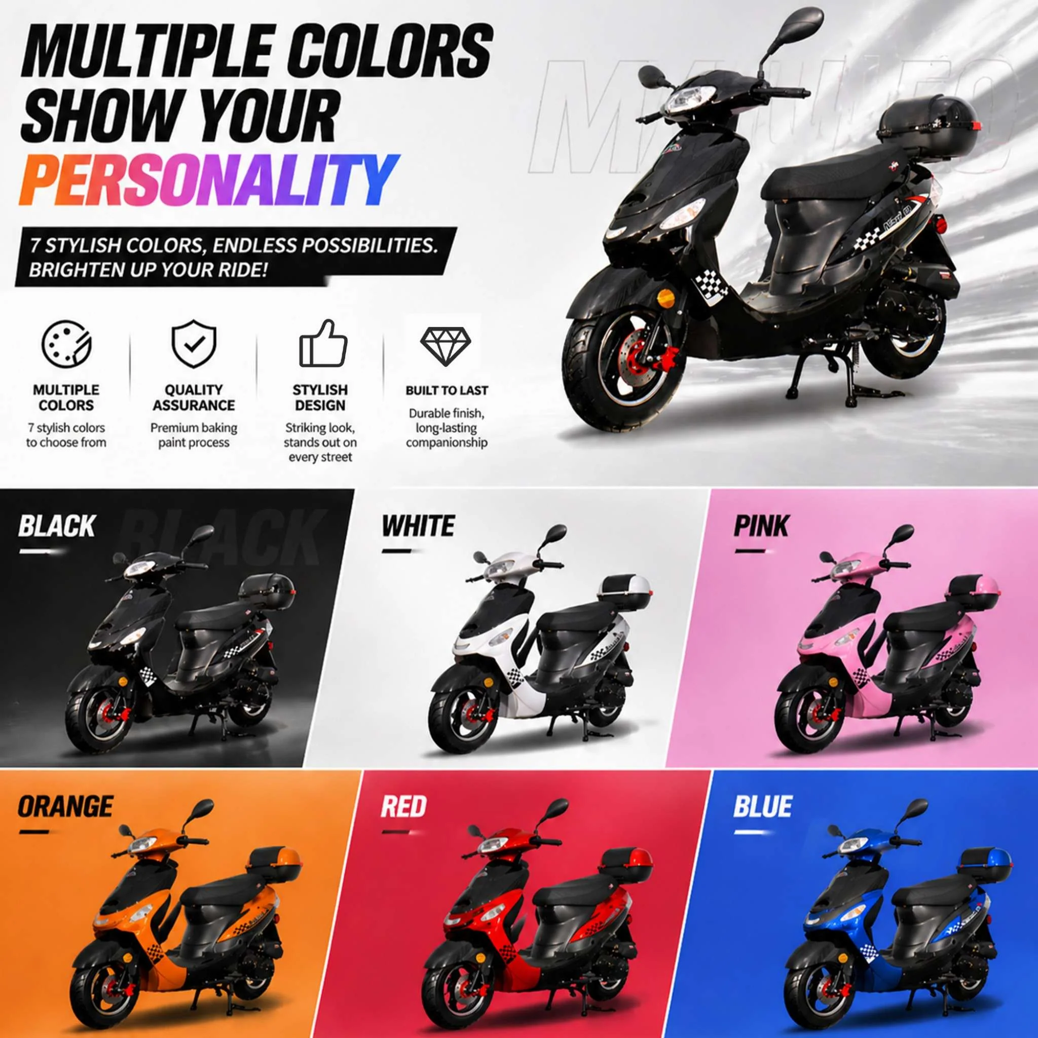 Free Shipping! X-PRO Maui 50cc Moped Scooter with 10" Aluminum Wheels, Rear Trunk, Electric/Kick Start! - Image 3