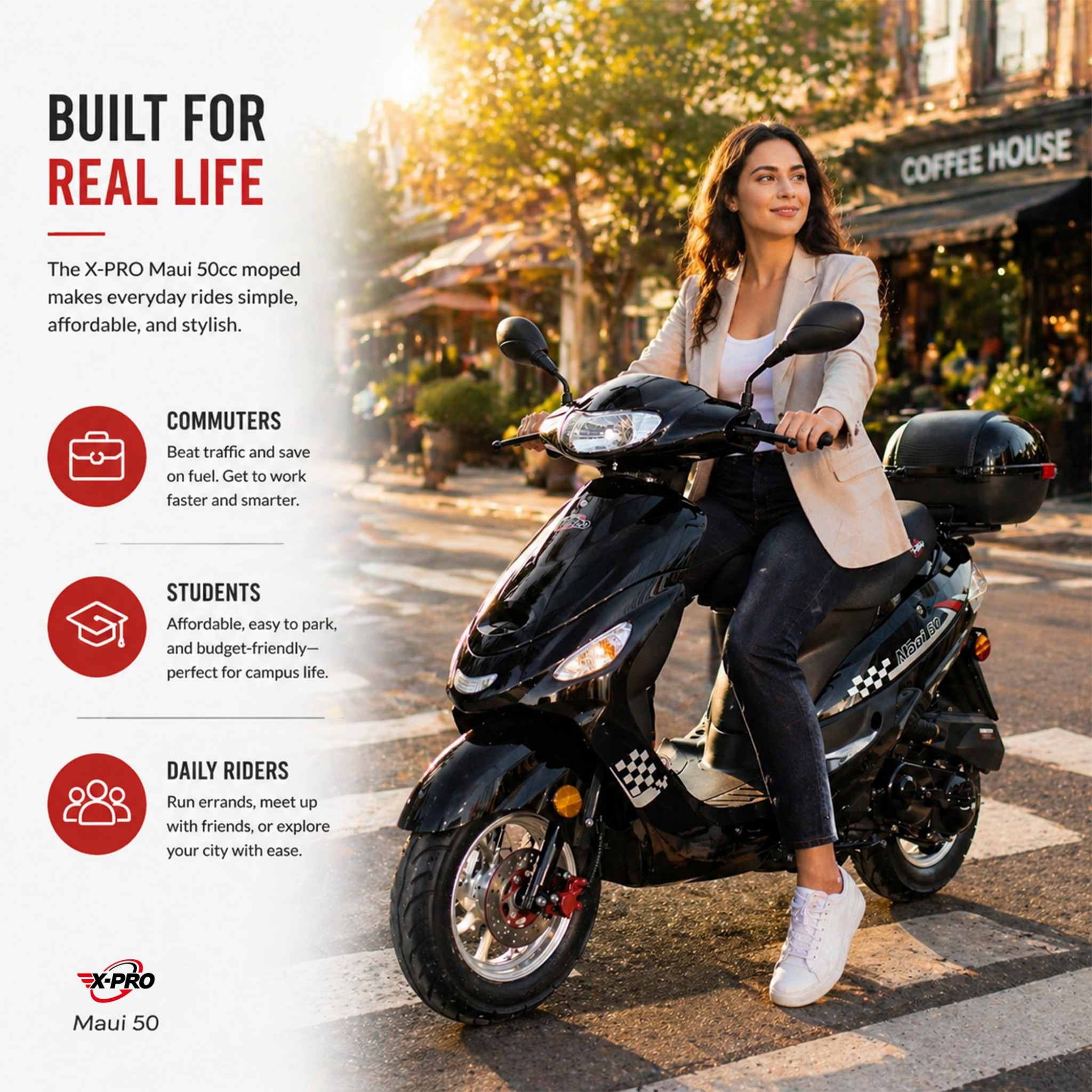 Free Shipping! X-PRO Maui 50cc Moped Scooter with 10" Aluminum Wheels, Rear Trunk, Electric/Kick Start! - Image 6